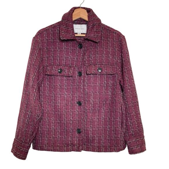 Amour Vert Tweed Upcycled Acrylic Blazer Purple Plaid Women Size XS Oversized - Picture 1 of 11